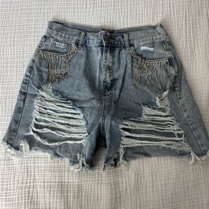 Buddy Love Light Blue Distressed Jean Shorts with diamond fringe